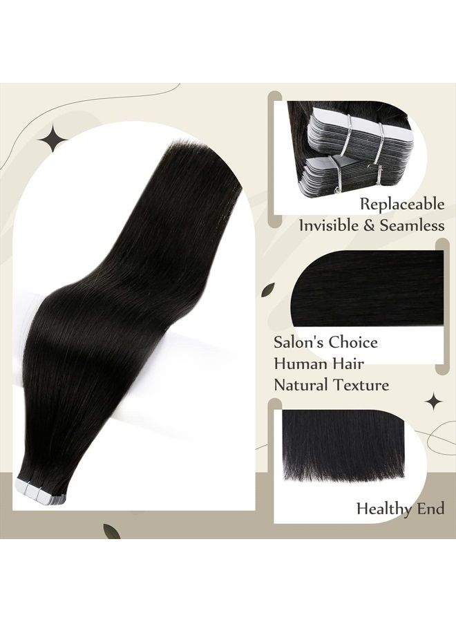 Full Shine إضافات شعر بشريط لاصق شعر بشري 14 بوصة أسود إضافات شعر بشري بشريط لاصق غير مرئي لون 1B أسود طبيعي إضافات شعر حقيقية بشريط لاصق 20 قطعة 50 جرام شريط لاصق مزدوج الجوانب لإضافات الشعر - Image 2