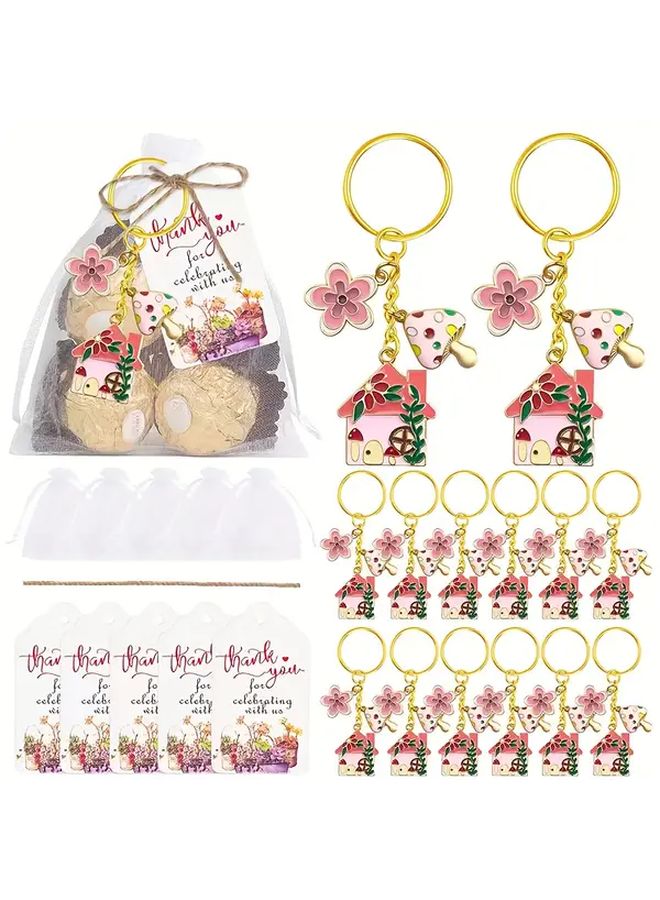 Pink Mushroom House Keychain Set 4pcs With Floral Drop Pendant Organza Bag Card And Jute Rope - Image 1