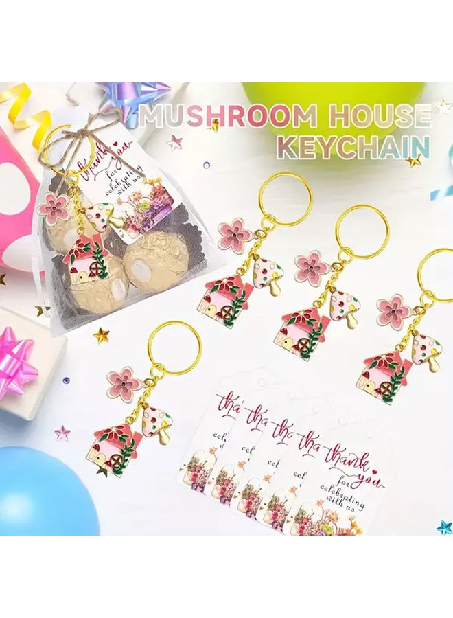 Pink Mushroom House Keychain Set 4pcs With Floral Drop Pendant Organza Bag Card And Jute Rope - Image 4