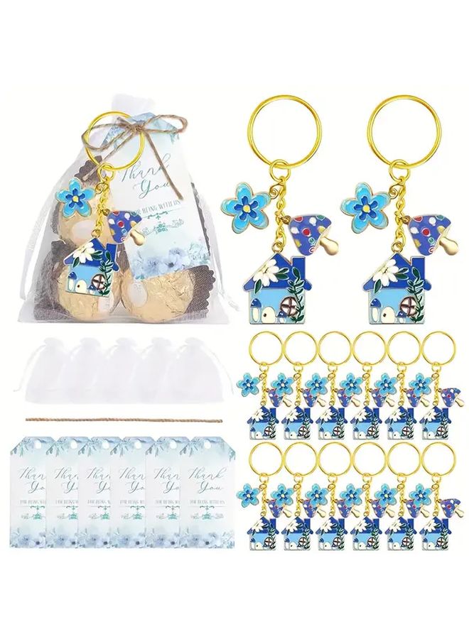 Pink Mushroom House Keychain Set 4pcs With Floral Drop Pendant Organza Bag Card And Jute Rope - Image 2