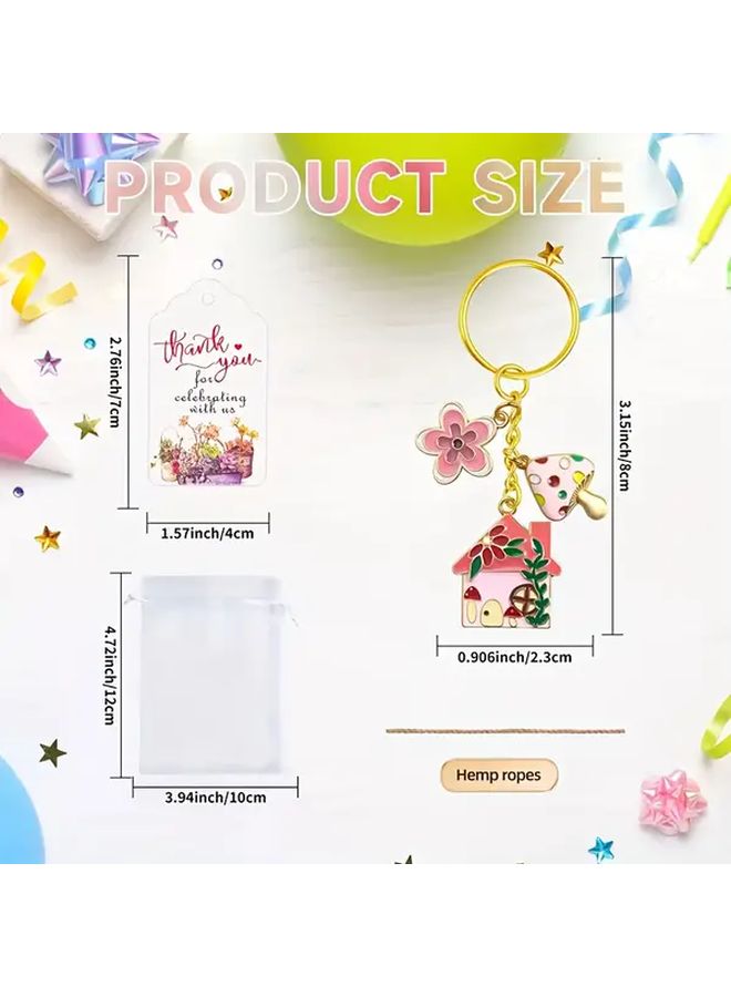 Pink Mushroom House Keychain Set 4pcs With Floral Drop Pendant Organza Bag Card And Jute Rope - Image 3