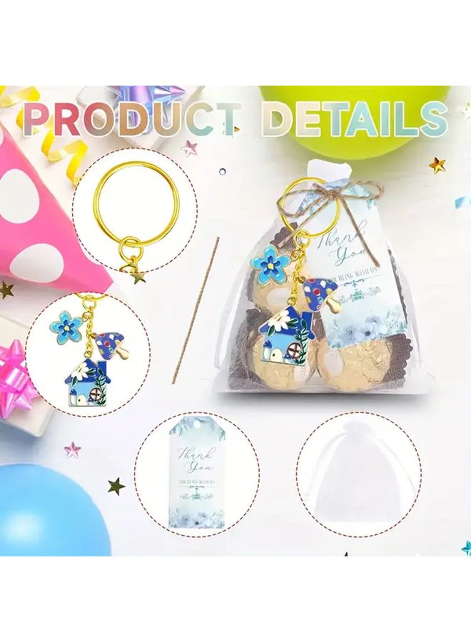 Pink Mushroom House Keychain Set 4pcs With Floral Drop Pendant Organza Bag Card And Jute Rope - Image 5
