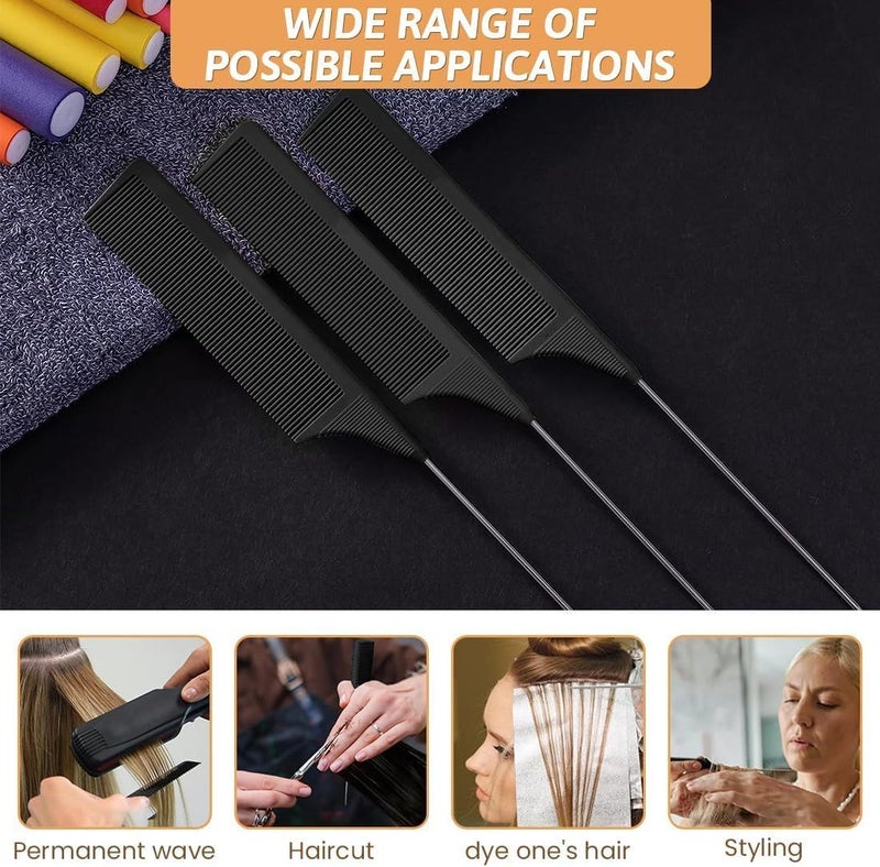 ALKAYAN Comb Steel Pin Rat Tail Carbon Fiber Heat Resistant Teasing Combs with Stainl... - Image 2