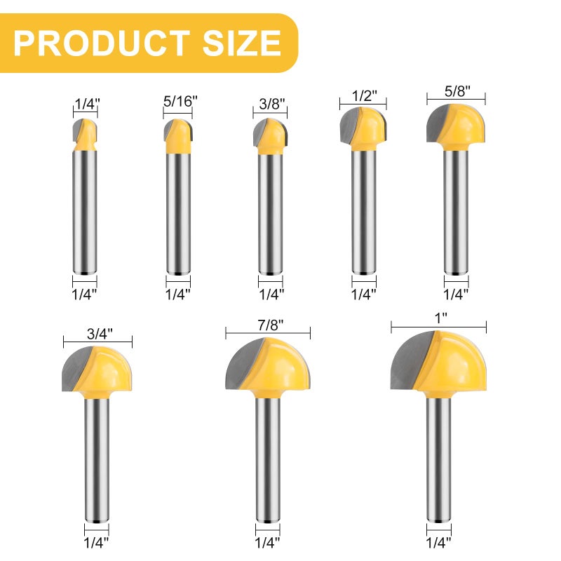UTRUSTTO Cove Box Router Bit Set 1/4 Inch Shank, 8 Pcs Solid Carbide Double Flute Cove Box Round Nose, Cutter for 1/4", 5/16", 3/8", 1/2", 5/8", 3/4", 7/8", 1" Cutting Diameter - Image 2