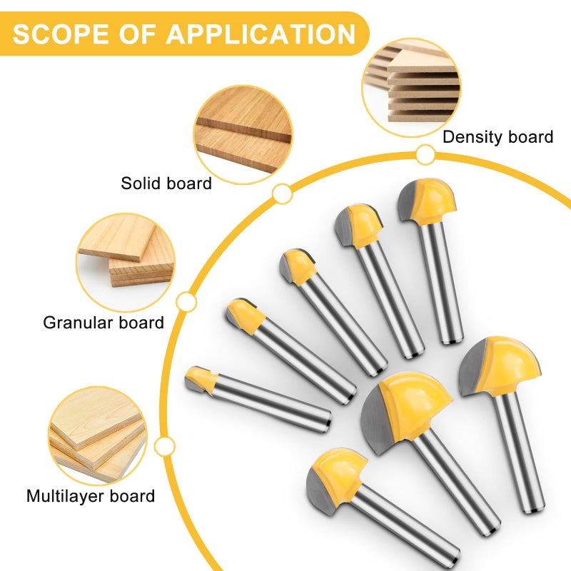 UTRUSTTO Cove Box Router Bit Set 1/4 Inch Shank, 8 Pcs Solid Carbide Double Flute Cove Box Round Nose, Cutter for 1/4", 5/16", 3/8", 1/2", 5/8", 3/4", 7/8", 1" Cutting Diameter - Image 4