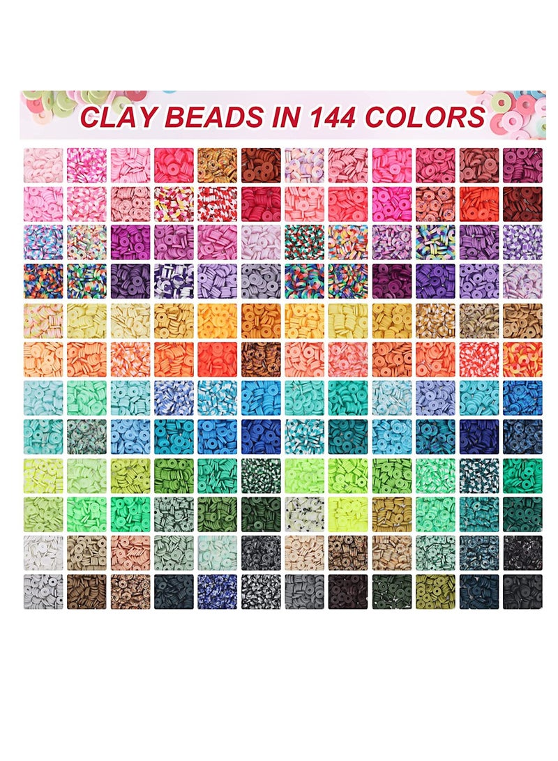 SISGL 19500 Pcs Clay Beads 144 Colors Flat Round Polymer Clay Spacer Beads With Pendant Charms Kit And Elastic Strings For DIY Jewelry Making Bracelets Necklace  - Image 2