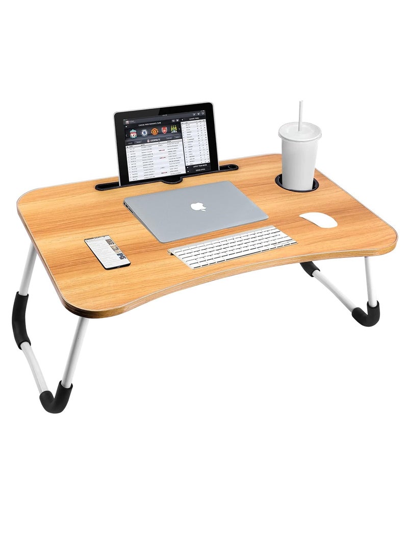 Meetion Portable Folding Laptop Desk for Bed，With iPad and Cup Holder Adjustable Lap Tray Notebook Stand， Foldable Non-Slip Legs Reading Table Tray for working，studying，camping 60x40x28cm Beige  - Image 1