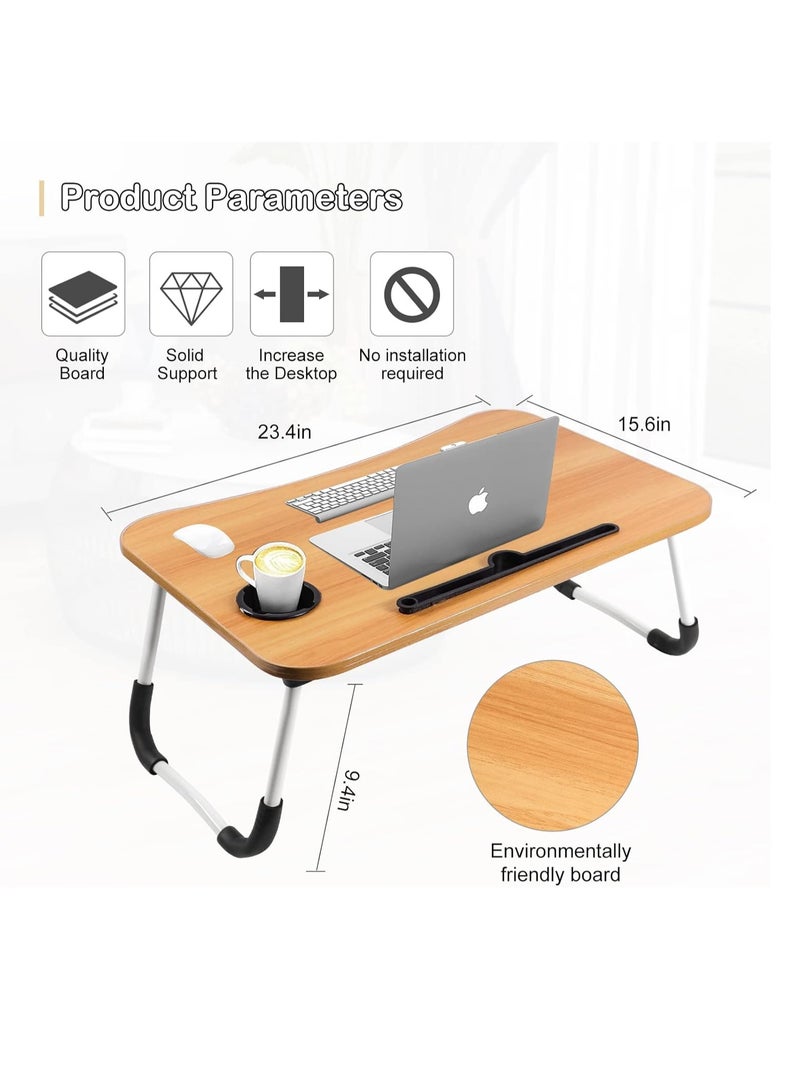 Meetion Portable Folding Laptop Desk for Bed，With iPad and Cup Holder Adjustable Lap Tray Notebook Stand， Foldable Non-Slip Legs Reading Table Tray for working，studying，camping 60x40x28cm Beige  - Image 2