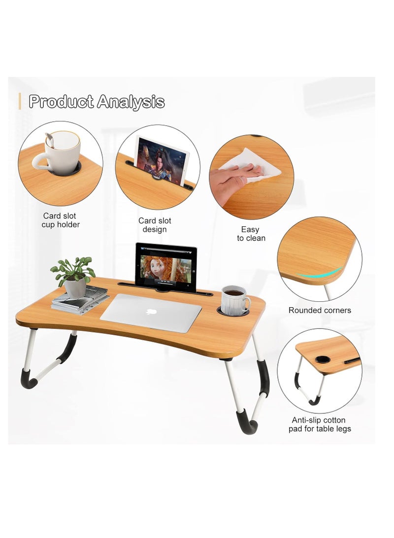 Meetion Portable Folding Laptop Desk for Bed，With iPad and Cup Holder Adjustable Lap Tray Notebook Stand， Foldable Non-Slip Legs Reading Table Tray for working，studying，camping 60x40x28cm Beige  - Image 3