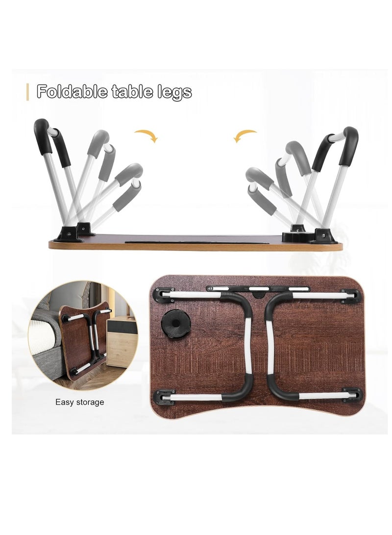 Meetion Portable Folding Laptop Desk for Bed，With iPad and Cup Holder Adjustable Lap Tray Notebook Stand， Foldable Non-Slip Legs Reading Table Tray for working，studying，camping 60x40x28cm Beige  - Image 4