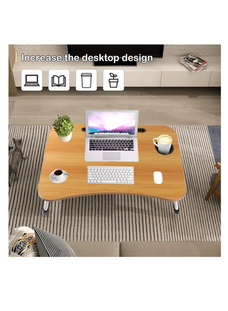 Meetion Portable Folding Laptop Desk for Bed，With iPad and Cup Holder Adjustable Lap Tray Notebook Stand， Foldable Non-Slip Legs Reading Table Tray for working，studying，camping 60x40x28cm Beige  - Image 5