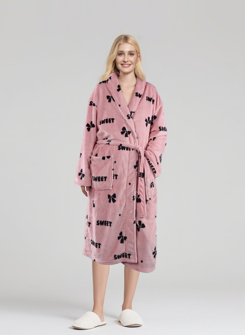 Noon East Lightweight Flannel Bathrobe - 250 Gsm 100% Polyester Soft Fuzzy Plush For Women - Shawl Collar & Pocket - Pink Color, M Size - Image 1