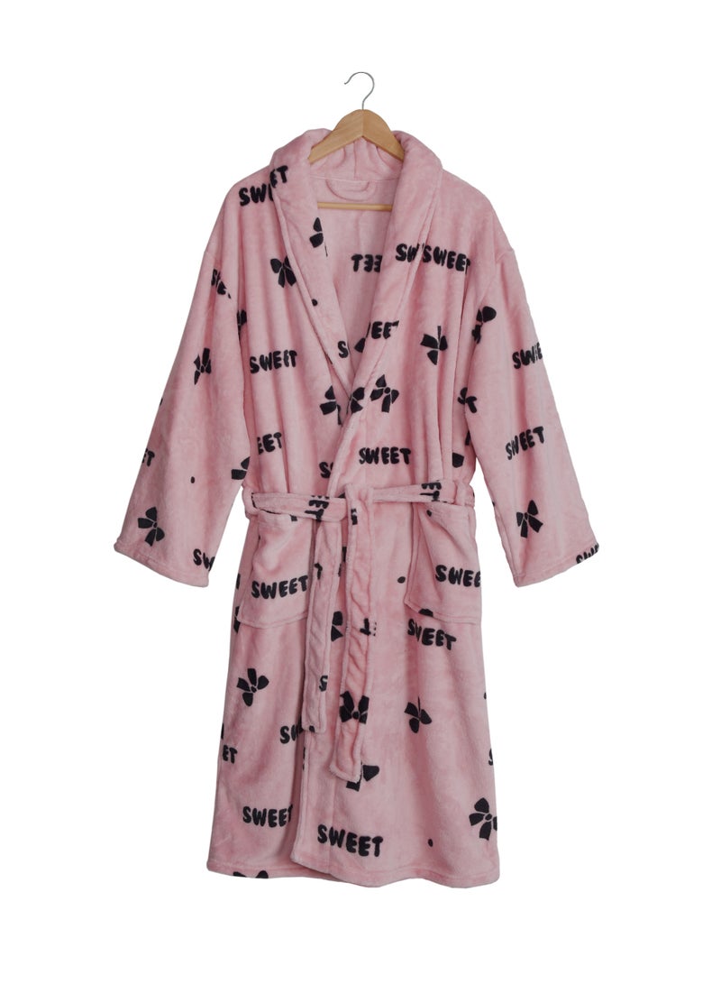 Noon East Lightweight Flannel Bathrobe - 250 Gsm 100% Polyester Soft Fuzzy Plush For Women - Shawl Collar & Pocket - Pink Color, M Size - Image 3