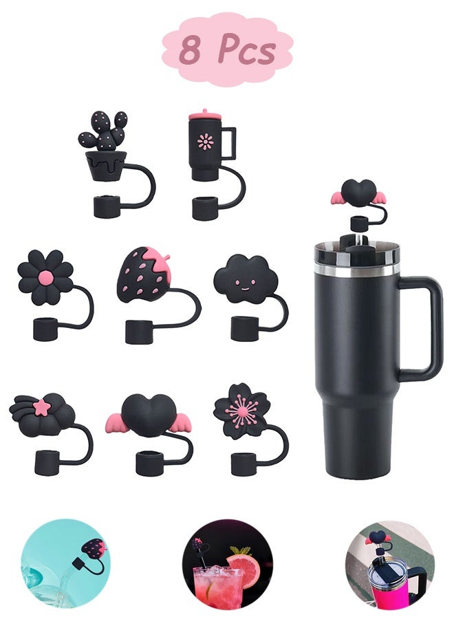 Quantum 8 Pcs Cute Strawberry Heart Flower Straw Toppers 3D Decorative Dust-Proof Straw Covers Reusable Silicone Straw Caps for Daily Cup Stanley Cup Straw - Image 1