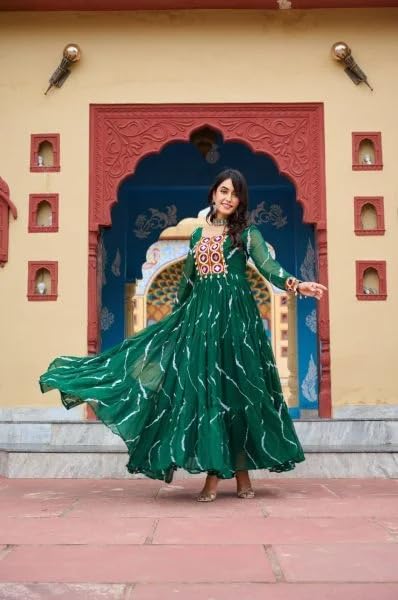 KD Women's Georgette Anarkali Kurta Set, Long Sleeve, Laheriya Floral Print Design with Kutchi Miror Patchwork Real Mirror Work Anarkali kurta Pant set, Calf Length (IN, Alpha, 2XL, Green) - Image 4