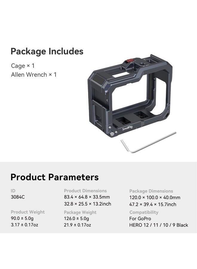 Hero13 / Hero12 / Hero11 / Hero 10 / Hero 9 Black Cage for GoPro, Compatible with the Lens Filter Max Lens on Camera, with 2 Cold Shoe Mount for Microphone and Led Video Light - 3084C