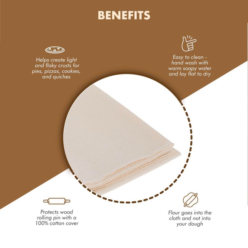 Regency Wraps Natural Pastry Cloth & Rolling Pin Cover Set, 100% Cotton Cloth & Pin Cover for Non-Stick Dough Rolling, 20x24" cloth with Sewn Edges ,15" Rolling Pin Cover - Image 2