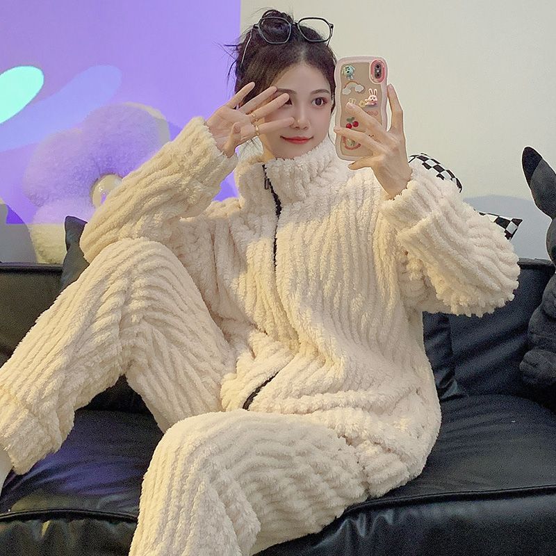 New Plush Pajamas For Women Winter Korean Style Zipper Cardigan Long-Sleeved Pants Fat Mm 115Kg Home Wear Set - Image 3
