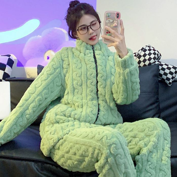 New Plush Pajamas For Women Winter Korean Style Zipper Cardigan Long-Sleeved Pants Fat Mm 115Kg Home Wear Set - Image 5