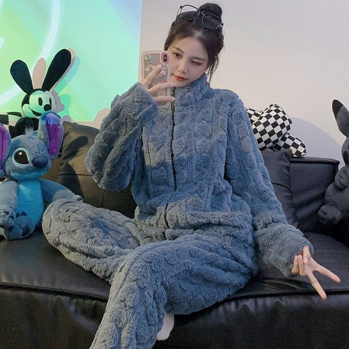 New Plush Pajamas For Women Winter Korean Style Zipper Cardigan Long-Sleeved Pants Fat Mm 115Kg Home Wear Set - Image 4