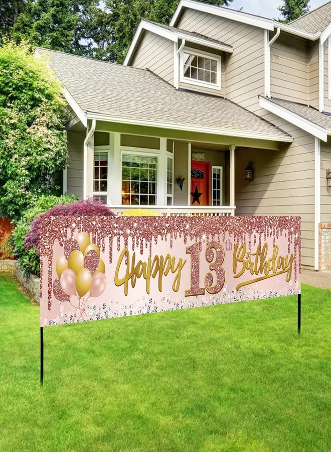 Excelloon 13th Birthday Banner Decorations for Girls, Pink Rose Gold Happy 13 Birthday Yard Banner Party Supplies, 13 Year Old Teenager Bday Background Sign for Outdoor Indoor - Image 1
