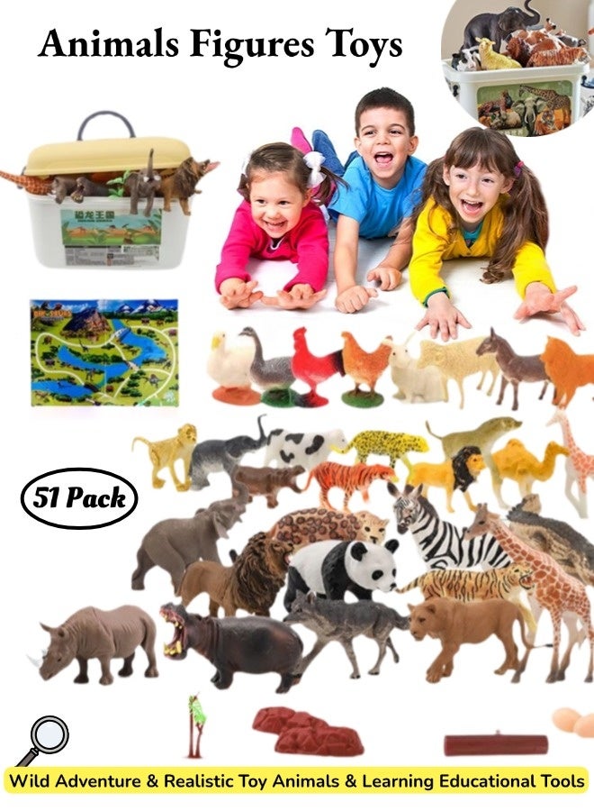 52-Piece Animals Figures Toys, Realistic Jungle Playset Toys Set, Mini Jungle Toys Set with Fence Map Storage Box, Learning Toys For Kids for Toddlers 3+ Years Old, Ideal Gift for Boys and Girls  - Image 1