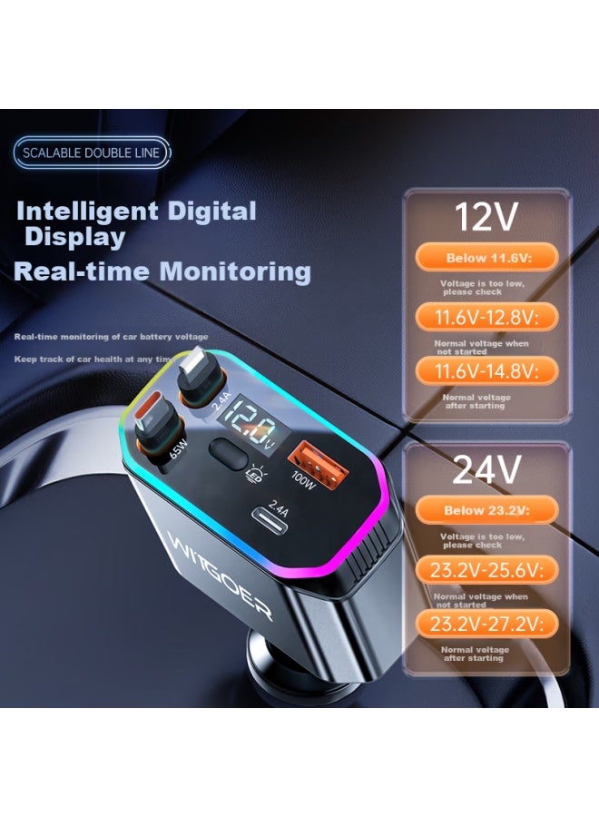 WITGOER Witgoer Car Charger With Cable 200W Super Fast Charging Plug One Drag Two Three Multi-Function Cigarette Lighter Converter Stretch Charging Cable Suitable For Apple 16 Xiaomi Huawei - Image 3