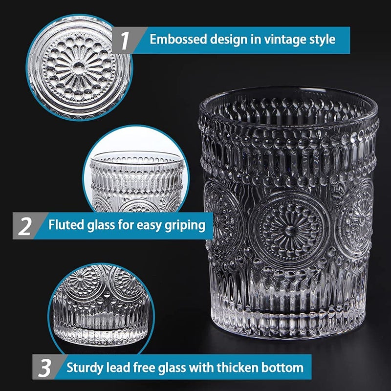 KELVEE Glass Drinking Cup Set of 6 Embossed Textured Designer Glasses Perfect for WaterJuiceBeerBeverage Vintage Glass Tumbler 300ml - Image 5