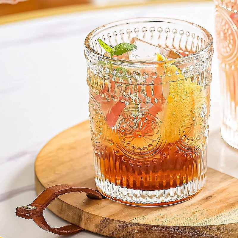 KELVEE Glass Drinking Cup Set of 6 Embossed Textured Designer Glasses Perfect for WaterJuiceBeerBeverage Vintage Glass Tumbler 300ml - Image 3