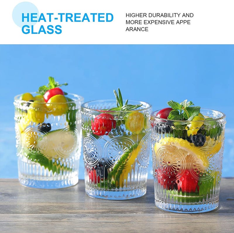 KELVEE Glass Drinking Cup Set of 6 Embossed Textured Designer Glasses Perfect for WaterJuiceBeerBeverage Vintage Glass Tumbler 300ml - Image 2