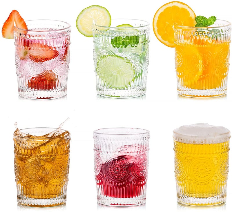 KELVEE Glass Drinking Cup Set of 6 Embossed Textured Designer Glasses Perfect for WaterJuiceBeerBeverage Vintage Glass Tumbler 300ml - Image 1