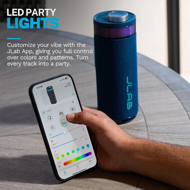 JLab Go Party Portable Bluetooth Speaker, Navy, 10 Watts of Power, 16+ Hours of Playtime, IP56 Waterproofing, Customizable RGB LED Lighting, Lab Sync Up to 100 Speakers, Custom Sound in-App - Image 2