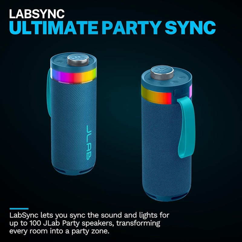 JLab Go Party Portable Bluetooth Speaker, Navy, 10 Watts of Power, 16+ Hours of Playtime, IP56 Waterproofing, Customizable RGB LED Lighting, Lab Sync Up to 100 Speakers, Custom Sound in-App - Image 3