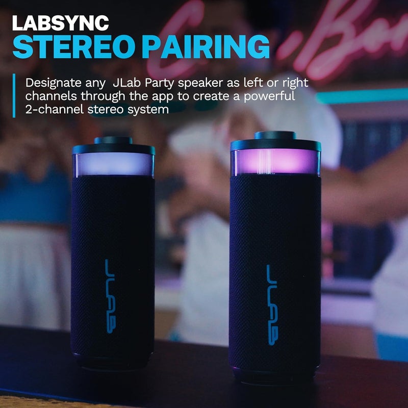 JLab Go Party Portable Bluetooth Speaker, Navy, 10 Watts of Power, 16+ Hours of Playtime, IP56 Waterproofing, Customizable RGB LED Lighting, Lab Sync Up to 100 Speakers, Custom Sound in-App - Image 4