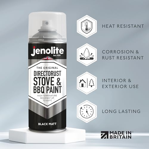 JENOLITE طلاء رذاذ عالي الحرارة من جينوليت ديركتورست للمعادن - أسود - تشطيب مطفي ناعم لطلاء الشواء والمواقد - مقاوم لدرجات حرارة عالية تصل إلى 1200°F (650°C) - 13.5 أونصة (400 مل) - Image 2