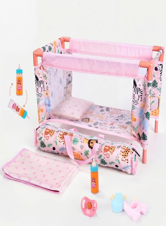 BABESIDE سرير دمى أطفال من بيبي سايد مكون من 7 قطع، مناسب لدمى مقاس 18 بوصة، سرير دمى مع حقيبة تخزين وإكسسوارات فراش، أثاث سرير دمى، إكسسوارات دمى أطفال حديثي الولادة للأطفال من عمر 3 سنوات فما فوق - Image 1