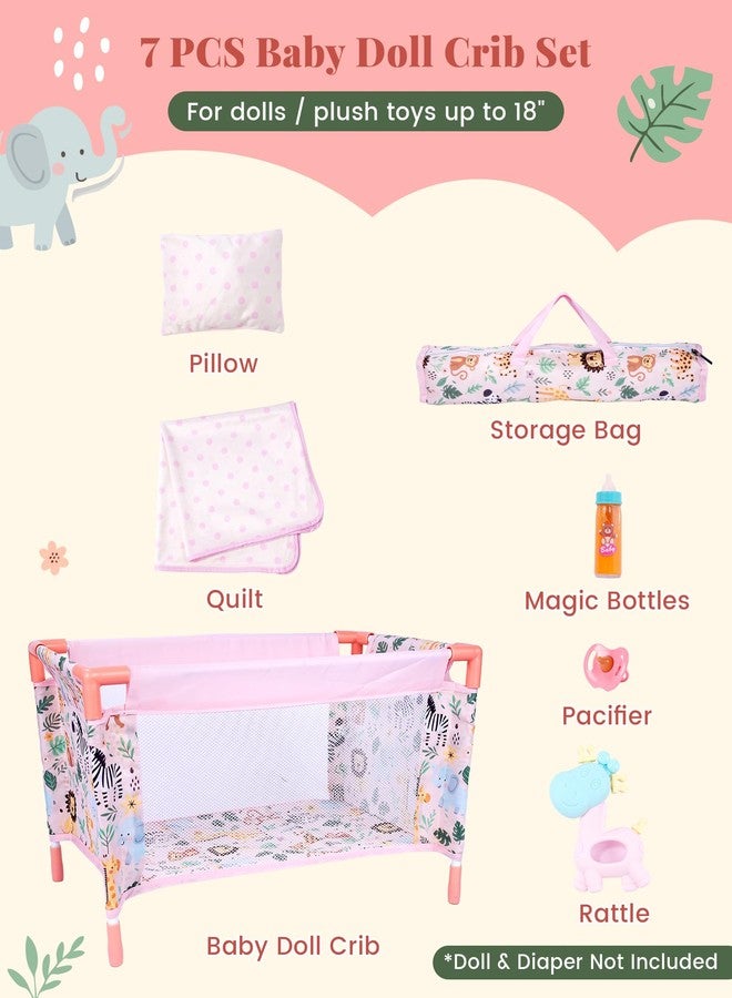 BABESIDE سرير دمى أطفال من بيبي سايد مكون من 7 قطع، مناسب لدمى مقاس 18 بوصة، سرير دمى مع حقيبة تخزين وإكسسوارات فراش، أثاث سرير دمى، إكسسوارات دمى أطفال حديثي الولادة للأطفال من عمر 3 سنوات فما فوق - Image 2