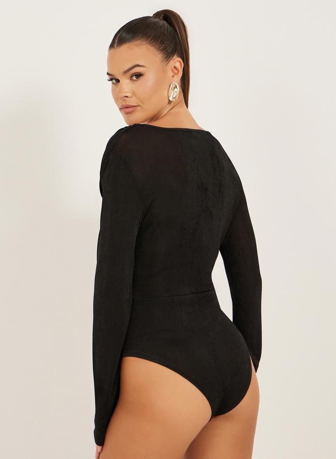 Styli Black Deep V Neck Wrap Bodysuit - Image 5