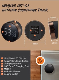 INKBIRD INKBIRD Digital Kitchen Timer IDT-01 Countdown Timer With Ultra Clear LED Screen Rotate Control Stopwatch Magnetic Back Adjustable Alarm 500mAH Rechargeable Battery Big Digits  - Image 2