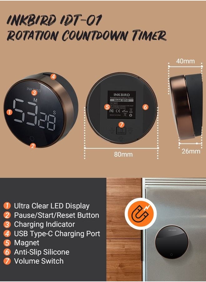 INKBIRD - INKBIRD Digital Kitchen Timer IDT-01 Countdown Timer With Ultra Clear LED Screen Rotate Control Stopwatch Magnetic Back Adjustable Alarm 500mAH Rechargeable Battery Big Digits - Image 1