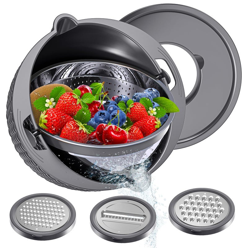 UTTKOJ 4-1 Colander with Mixing Bowl Set - Strainer With Bowl, Pasta And Rice Strainer, Strainer And Colanders, Fruit Cleaner, Veggie Wash, Salad Spinner, Apartment Essentials Kitchen Gadgets - Grey - Image 1