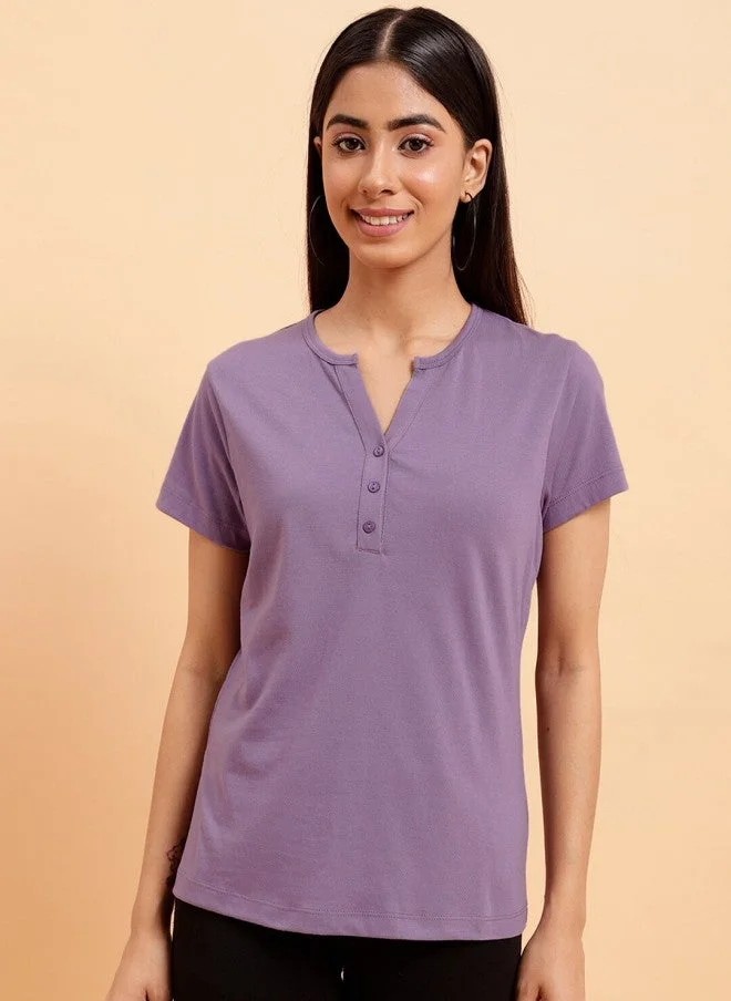 MINT STREET Purple Henley Neck Cotton T-Shirt for Women