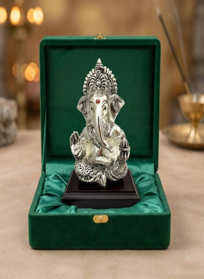 Dev Aastha 999 Silver Plated Lord Ganesha Idol Sitting with Intricate Detailing - Vighnaharta Showpiece for Prosperity and Good Fortune - Premium Anti-Tarnish Murti for Temple and Desk - Image 1