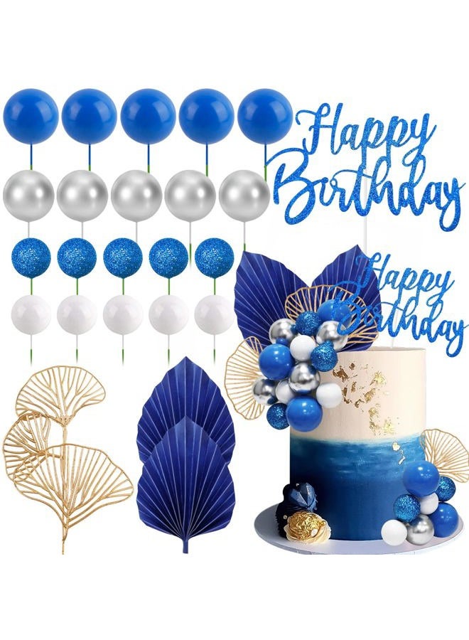 MEMOVAN Blue White Silver Ball Cake Toppers with Palm Leaves Foam Balls Cake Picks DIY Balloon Cake Insert Topper Blue Boho Cake Topper for Birthday Boho Wedding Baby Shower Anniversary Party - Image 1