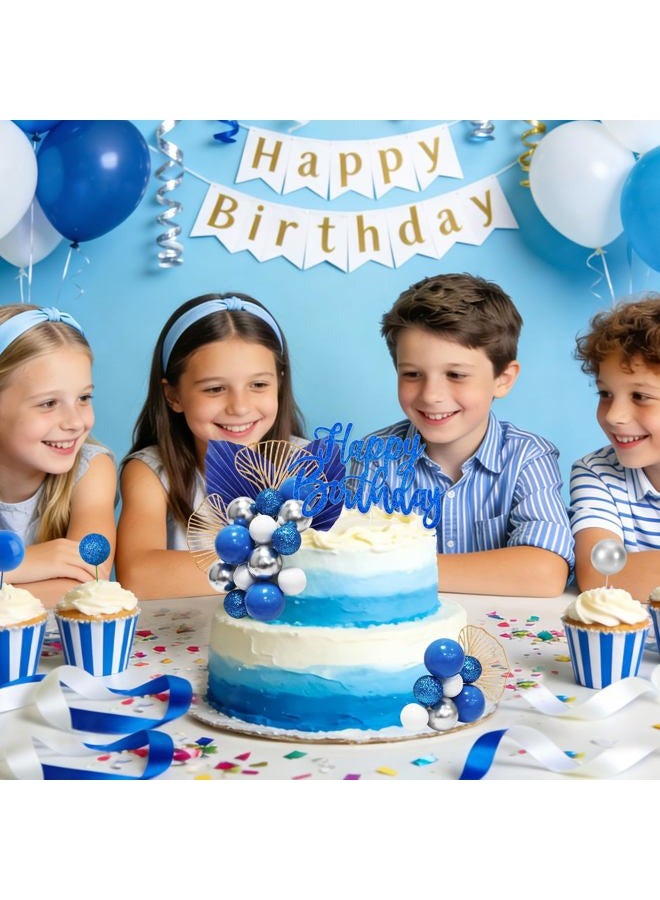 MEMOVAN Blue White Silver Ball Cake Toppers with Palm Leaves Foam Balls Cake Picks DIY Balloon Cake Insert Topper Blue Boho Cake Topper for Birthday Boho Wedding Baby Shower Anniversary Party - Image 4