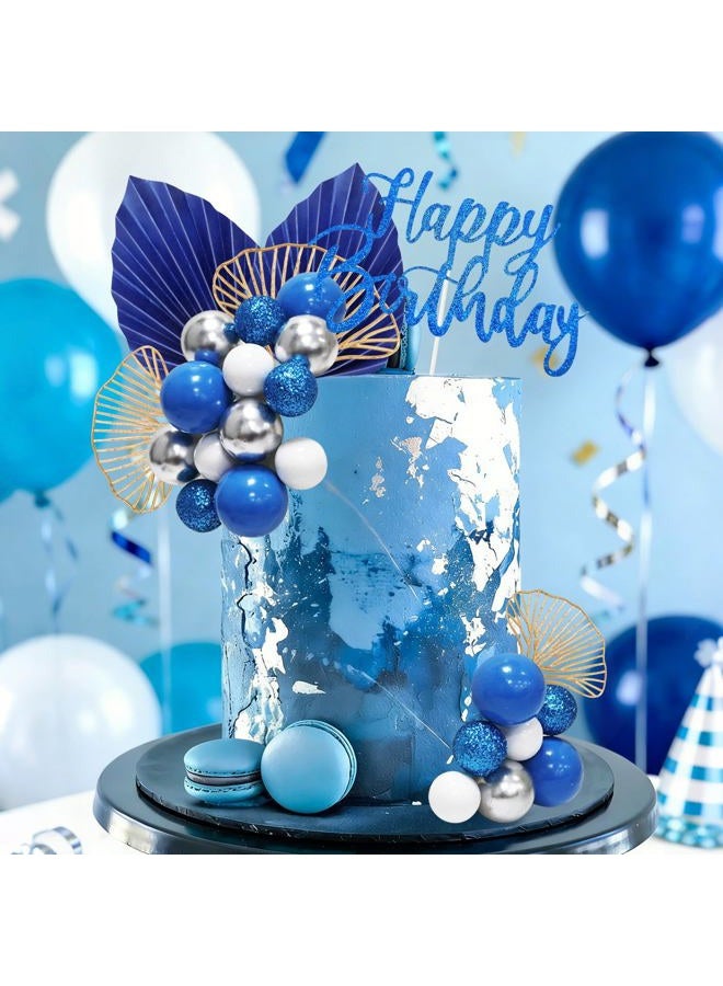 MEMOVAN Blue White Silver Ball Cake Toppers with Palm Leaves Foam Balls Cake Picks DIY Balloon Cake Insert Topper Blue Boho Cake Topper for Birthday Boho Wedding Baby Shower Anniversary Party - Image 5