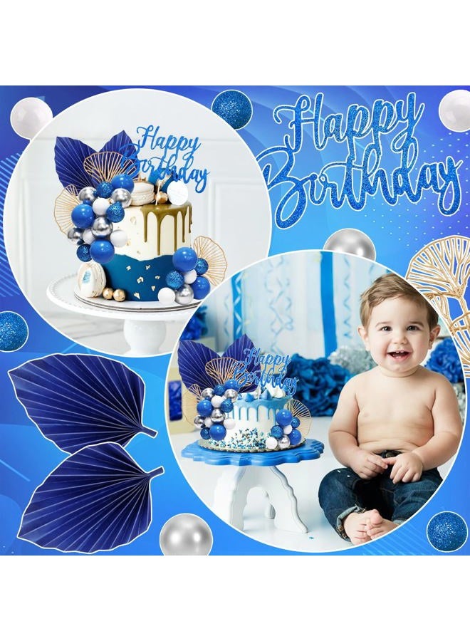 MEMOVAN Blue White Silver Ball Cake Toppers with Palm Leaves Foam Balls Cake Picks DIY Balloon Cake Insert Topper Blue Boho Cake Topper for Birthday Boho Wedding Baby Shower Anniversary Party - Image 3