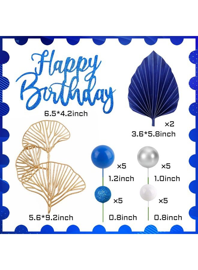 MEMOVAN Blue White Silver Ball Cake Toppers with Palm Leaves Foam Balls Cake Picks DIY Balloon Cake Insert Topper Blue Boho Cake Topper for Birthday Boho Wedding Baby Shower Anniversary Party - Image 2