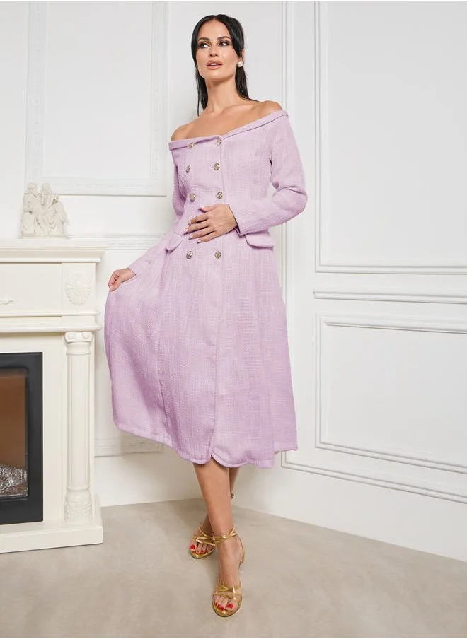 Styli Off Shoulder Button and Flap Pocket Detail Midi Dress