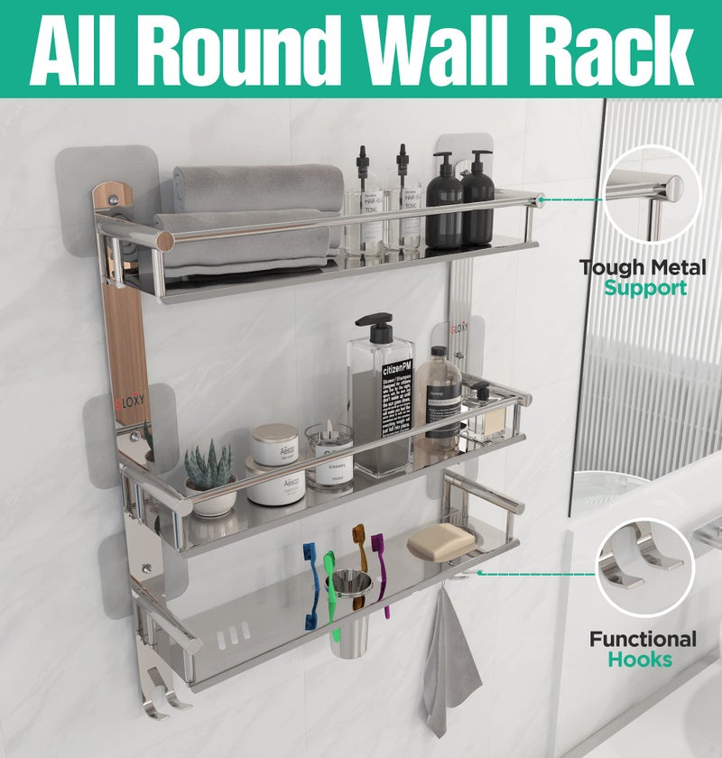 GLOXY ENTERPRISE Stainless Steel Magic Sticker Bathroom Shelf | 3-Layer Multipurpose Organizer with Double Soap Dish | Toothbrush Holder | Bathroom Accessories (5D x 15W x 19H inch, Chrome Finish) - Image 3